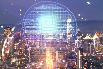 Double exposure of creative human head microcircuit hologram on San Francisco office buildings...