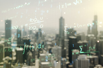 Scientific formula hologram on blurry office buildings background, research concept. Multiexposure