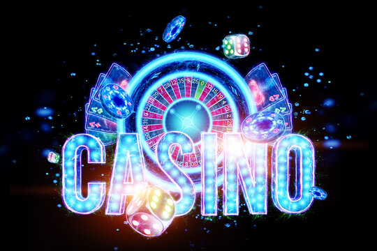 Creative casino background, inscription casino in Neon letters playing cards roulette on a dark background. Flyer. Gambling concept, header for the site. Copy space. 3D illustration, 3D render