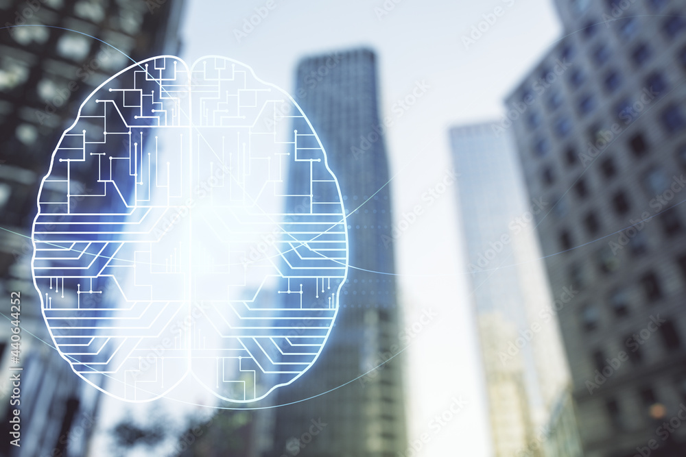 Poster double exposure of creative artificial intelligence interface on modern skyscrapers background. neur