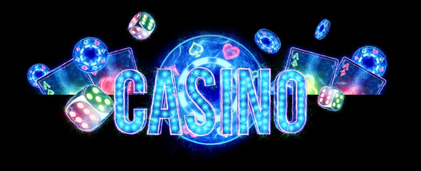 Creative casino background, inscription casino in Neon letters playing cards roulette on a dark background. Flyer. Gambling concept, header for the site. Copy space. 3D illustration, 3D render