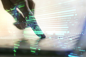 Abstract creative digital world map and hands typing on laptop on background, globalization...
