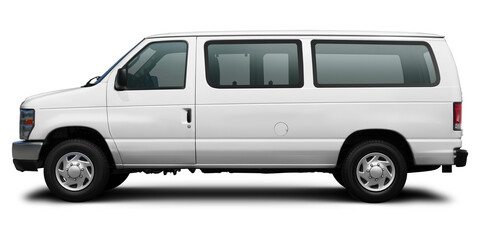 Side view of a modern passenger American minibus in white. Isolated on a white background. © andrew7726
