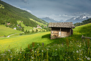Fototapeta premium Almhütte mit Schindeldach auf einer Bergwiese in Tirol Österreich