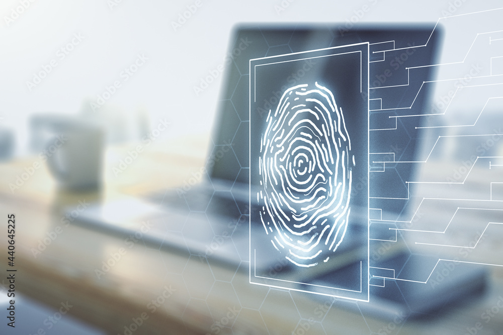 Poster abstract creative fingerprint concept and modern desktop with computer on background. multiexposure