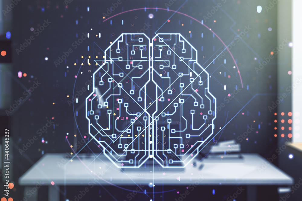 Poster creative artificial intelligence concept with human brain hologram and modern desktop with computer 