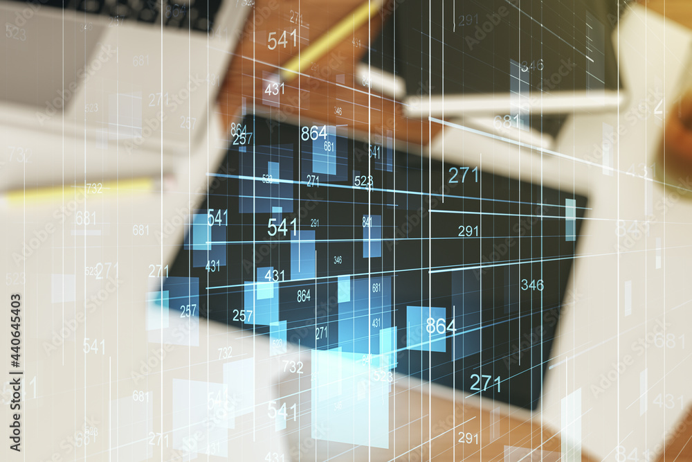 Poster abstract creative analytics data spreadsheet and modern digital tablet on desktop on background, top