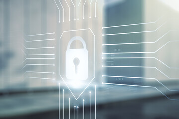 Double exposure of virtual creative lock hologram with chip on modern business center exterior background. Information security concept