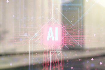 Creative artificial Intelligence symbol hologram on blurry contemporary office building background. Double exposure