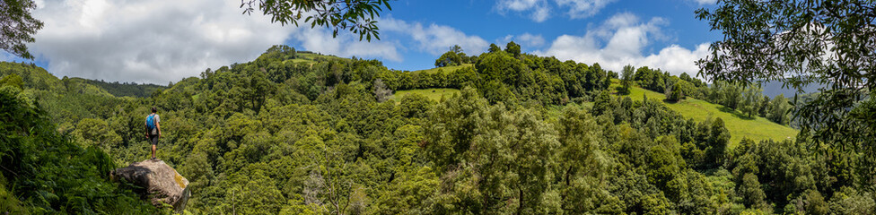 Fototapeta na wymiar Hiker in green landscape, trees and hills, Azores islands.