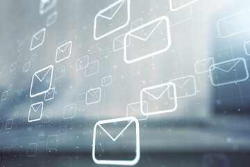 Abstract virtual postal envelopes hologram on blurry contemporary office building background, email and notification concept. Multiexposure