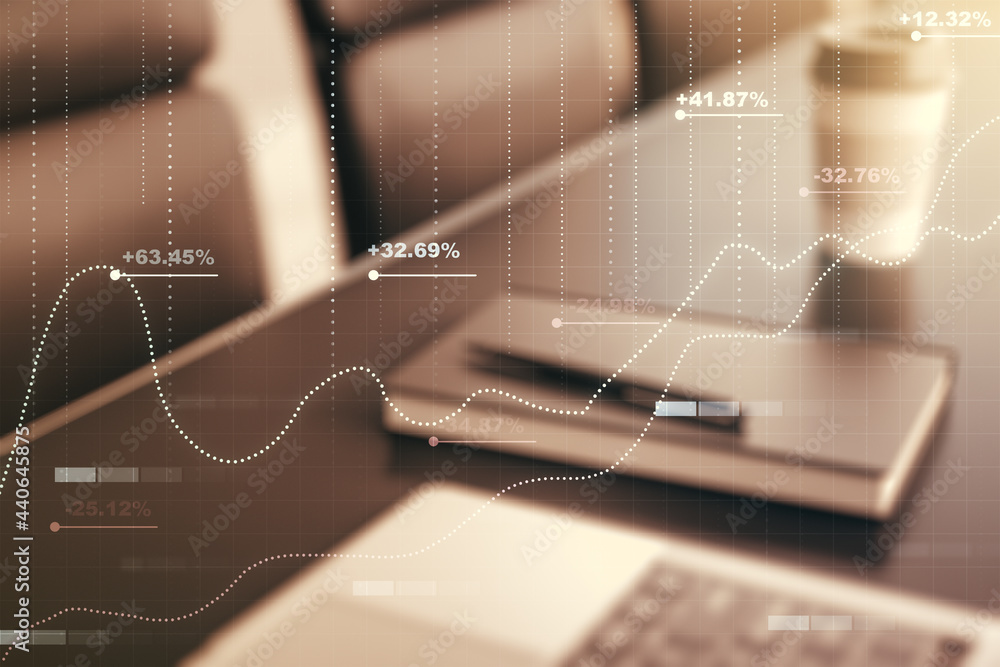Poster double exposure of abstract creative statistics data hologram on computer background, analytics and 