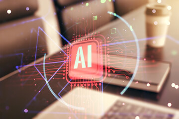 Double exposure of creative artificial Intelligence abbreviation with computer on background....