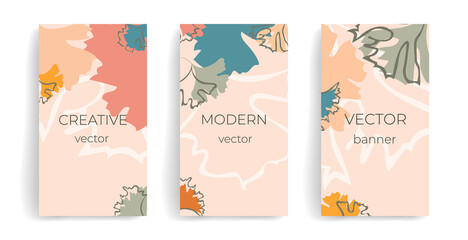 Bundle of editable story templates with copy space for text. Modern vector layouts. Stylish neutral colors, blue, pink, orange, trendy design for social media marketing, digital post, prints, banners.