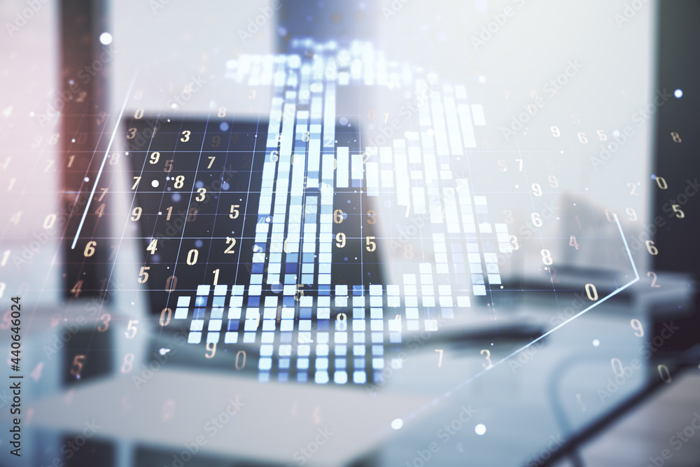 Aufkleber double exposure of creative bitcoin symbol hologram with computer on background. mining and blockcha