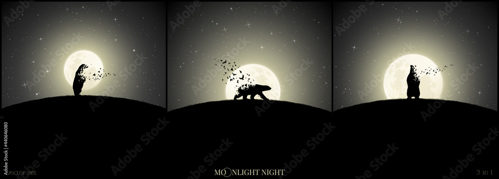 Sticker polar bears on moonlight night. endangered animal. death and afterlife