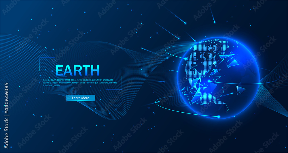 Poster vector. planet earth from space. flickering lights of cities. map of the mainland. global communicat