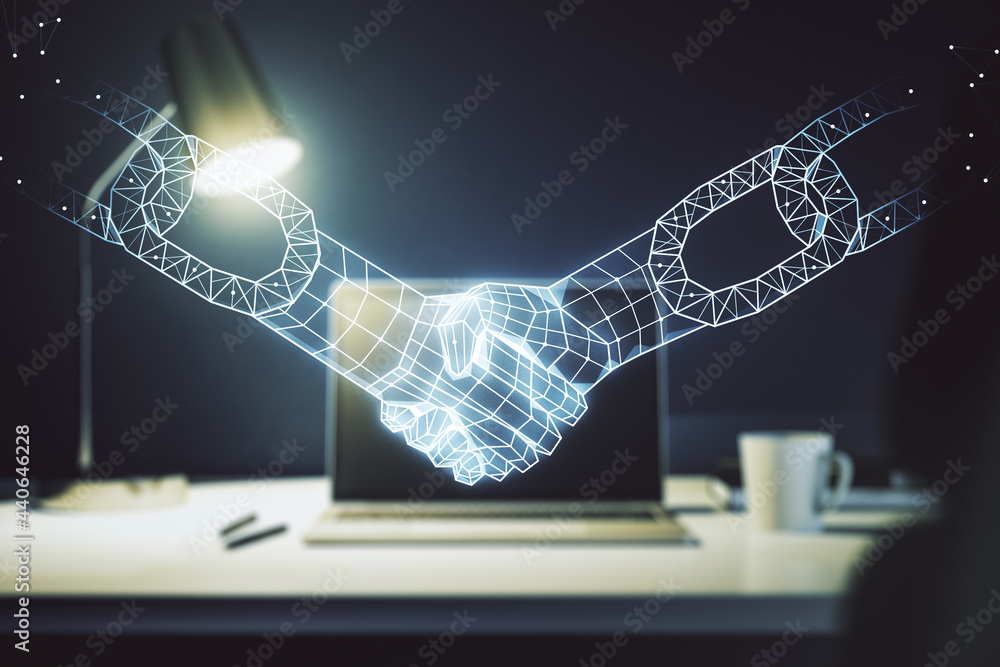 Poster creative abstract block chain technology sketch with handshake on modern laptop background, future t