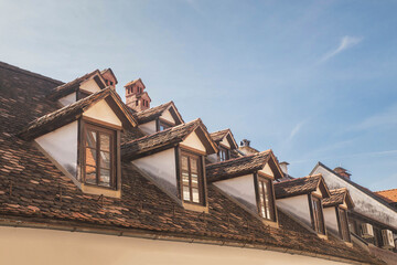 Fototapeta na wymiar Old tiled roof with attics in Ljubljana Slovenia