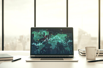 Abstract creative financial diagram with world map on modern computer monitor, banking and accounting concept. 3D Rendering