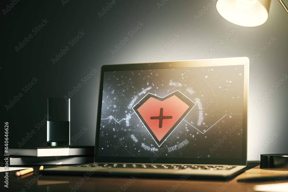 Poster modern computer monitor with creative abstract heart rate hologram. healthcare technolody concept. 3