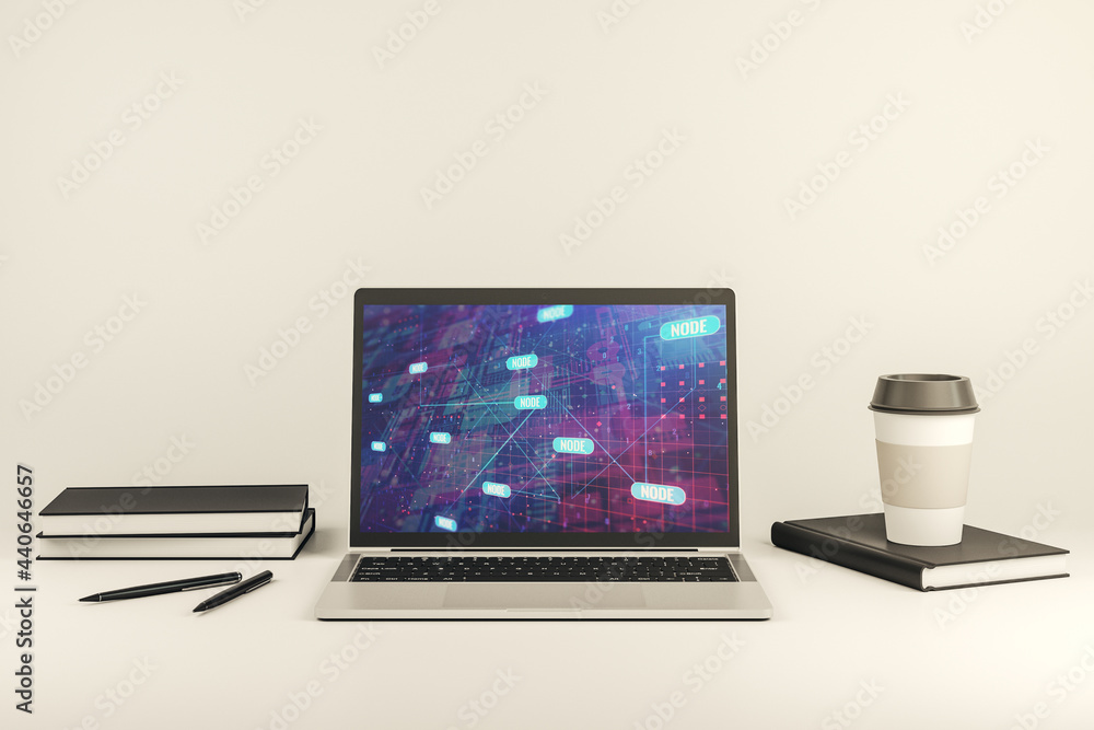 Poster abstract creative coding concept on modern laptop screen. 3d rendering