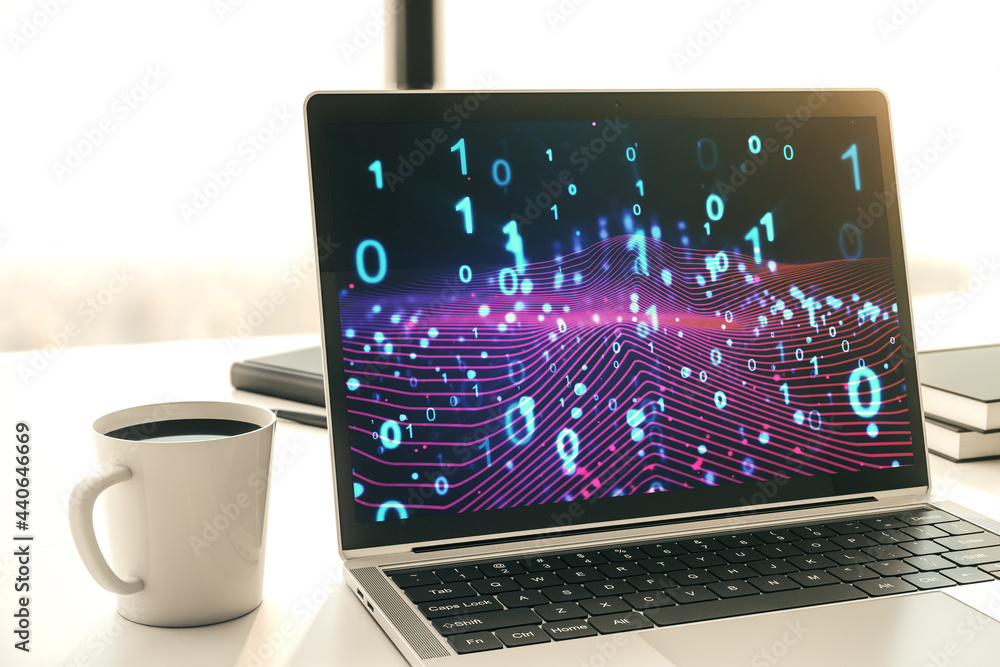 Poster creative abstract binary code hologram on modern computer monitor, ai and machine learning concept. 