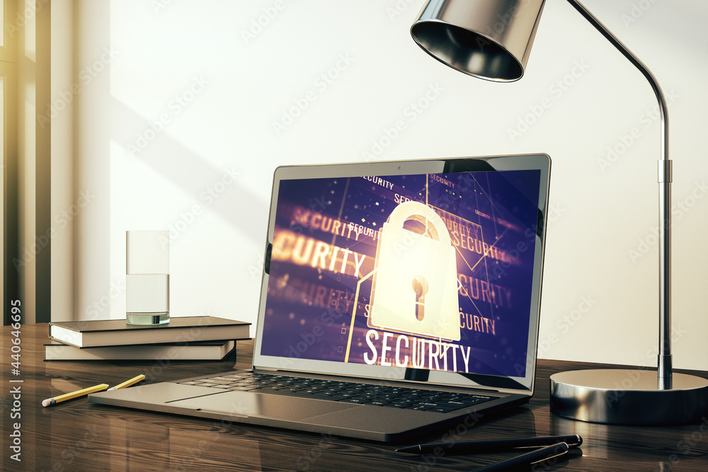 Poster Modern computer monitor with creative lock hologram and chip. Information security concept. 3D Rendering