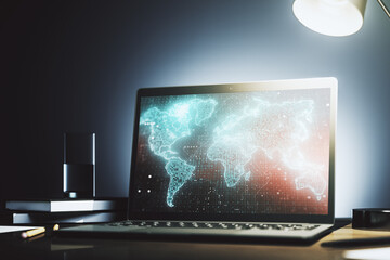 Modern computer display with abstract graphic world map, big data and networking concept. 3D Rendering