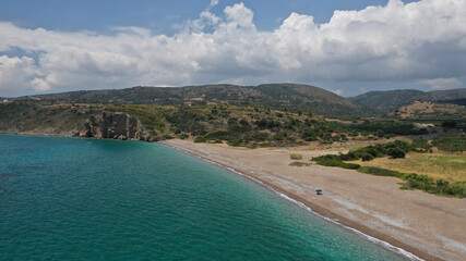Aerial drone photo not so famous Limnitsa beach with strange rock formations near small picturesque village of Avlemonas, Kythira island, Ionian, Greece