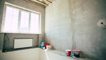 New apartment repair with wall and stairs repair. Renovation house or downtown home. Devices and...