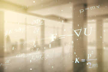 Scientific formula illustration on modern interior background, science and research concept....