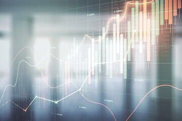 Multi exposure of virtual abstract financial graph interface on modern interior background, financial and trading concept