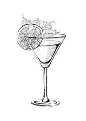 Illustration of classic Alcoholic Cocktail. Cold Summer Beverage in glass. Hand drawn sketch for Bar Menu. Isolated object on white background