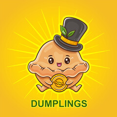 Funny dumplings in hat. Pelmeni or ravioli cartoon character with gold coin. Delicious cooked dish. Dough filled meat, vegetable. Vegetarian steamed food. Cooking menu. Packaging product sign. Vector
