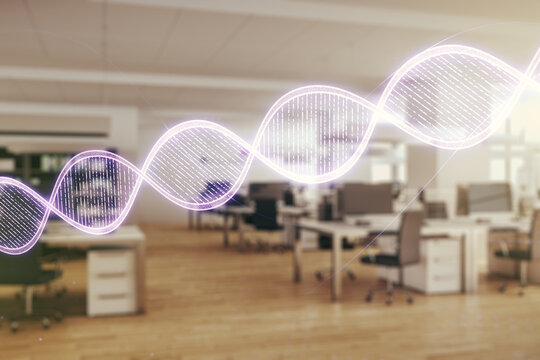DNA hologram on a modern furnished classroom background, science and biology concept. Multiexposure - Powered by Adobe