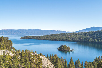 Emerald Bay, Lake Tahoe, California with view of Fannette island on clear day