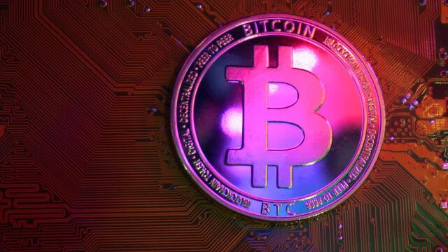 Golden bitcoin coin on server computer motherboard It is the currency that is exchanged and popular today in every country in the world. Concept business technology. Copy spece background