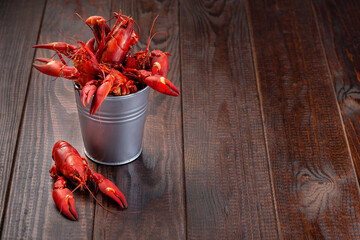 Crayfishes in a metal bucket on dark wooden background, horizontal, copy space