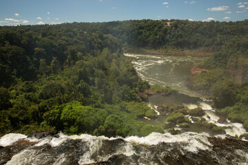 View of the Iguazu waterfalls in the frontier between Argentina and Brazil. The rocky river, falling water and cascade, with the green jungle and lush vegetation in the background.