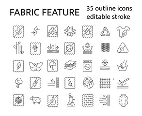 Fototapeta na wymiar Fabric feature outline icons set. Textile industry. Different properties of fiber