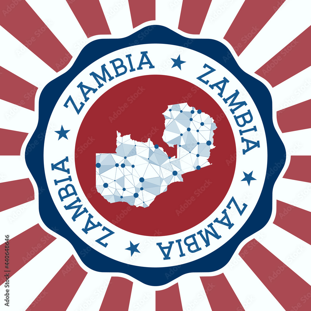 Poster zambia badge. round logo of country with triangular mesh map and radial rays. eps10 vector.