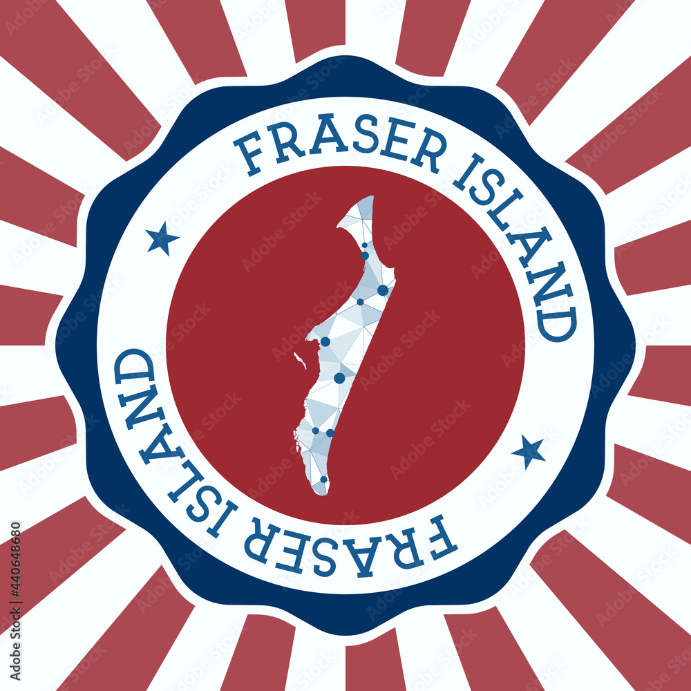 Poster fraser island badge. round logo of the island with a triangular mesh map and radial rays. eps10 vect