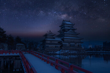Old castle in japan. Matsumoto castle against night sky. Castle in Winter with milky way on sky...