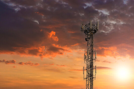 communication tower top. Radio antenna Tower , microwave antenna tower on light sky background. wireless technology concept. communication development concept. image for objects and article.