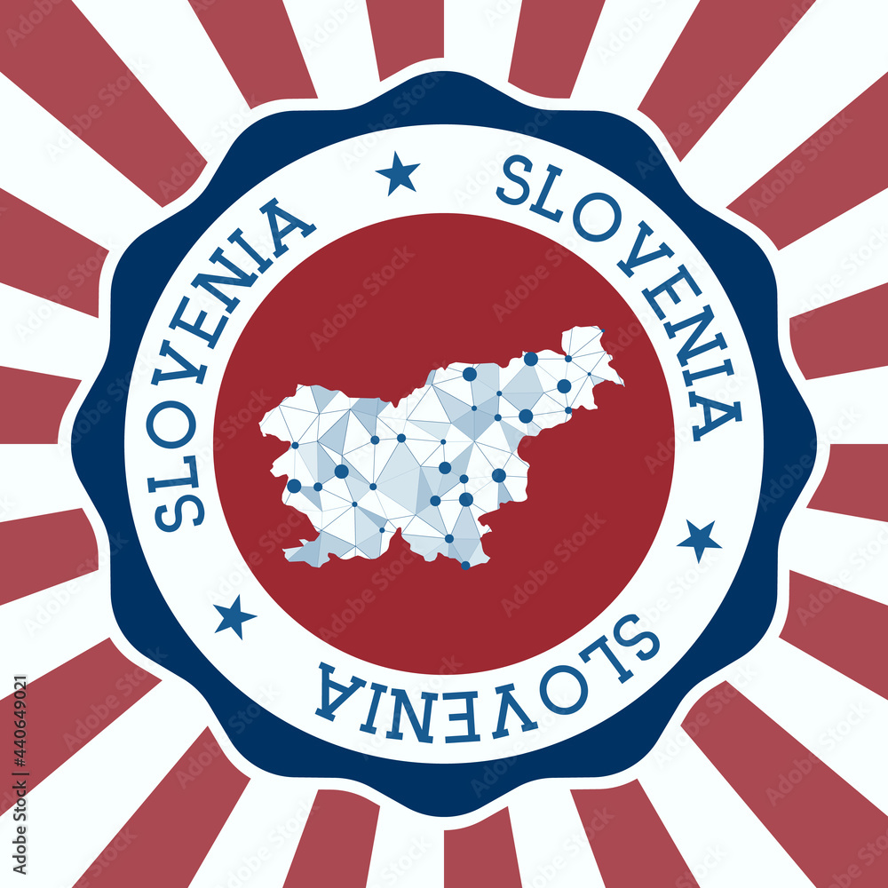 Poster slovenia badge. round logo of the country with a triangular mesh map and radial rays. eps10 vector.