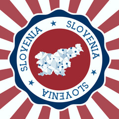 Slovenia Badge. Round logo of the country with a triangular mesh map and radial rays. EPS10 Vector.