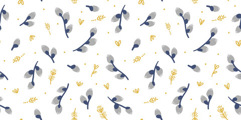 Illustration of a seamless pattern of pussy willow branches on a white background.