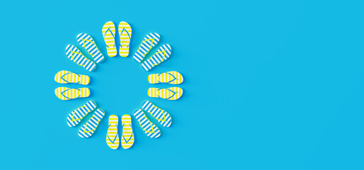 Colorful flip-flops on blue background, Summer holiday concept 3d render 3d illustration