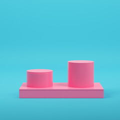 Pink rectangle podium with two cylinders for product display on bright blue background in pastel colors